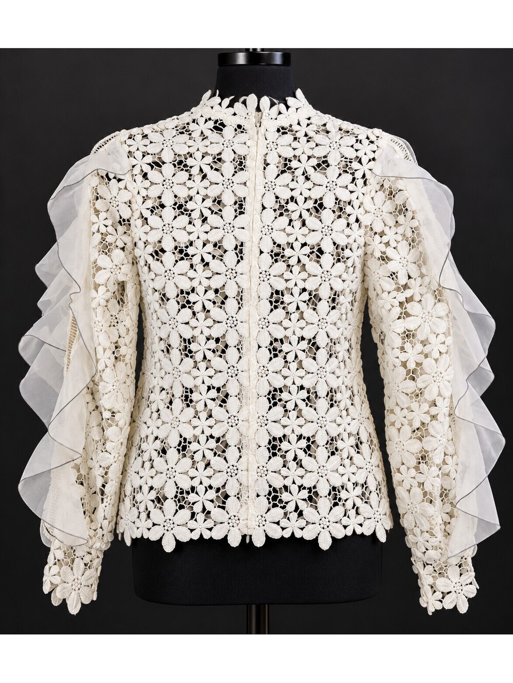 Self-Portrait Floral Guipure Lace Blouse 2 White Ruffle Sheer Sleeve Top